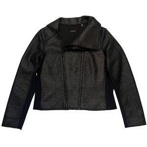 Elie Tahari Black Textured Sleek Edgy Urban Asymmetric Zip Moto Jacket Size L